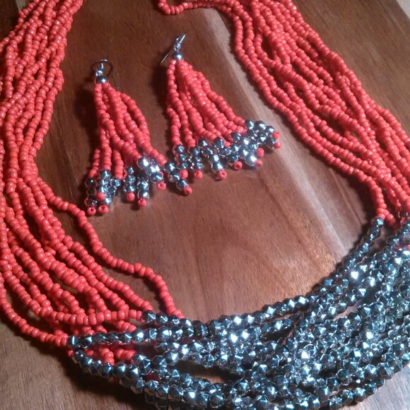 Red Seed Bead and Stainless Steel Multi-Strand Necklace and Dangle Earrings Set - Picture 2 of 11